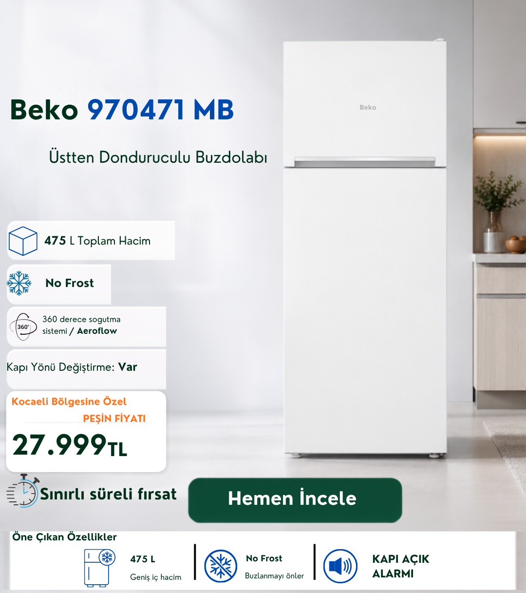 Beko 970471 MB Üstten Donduruculu Buzdolabı, Kocaeli bölgesine özel 27.999 TL